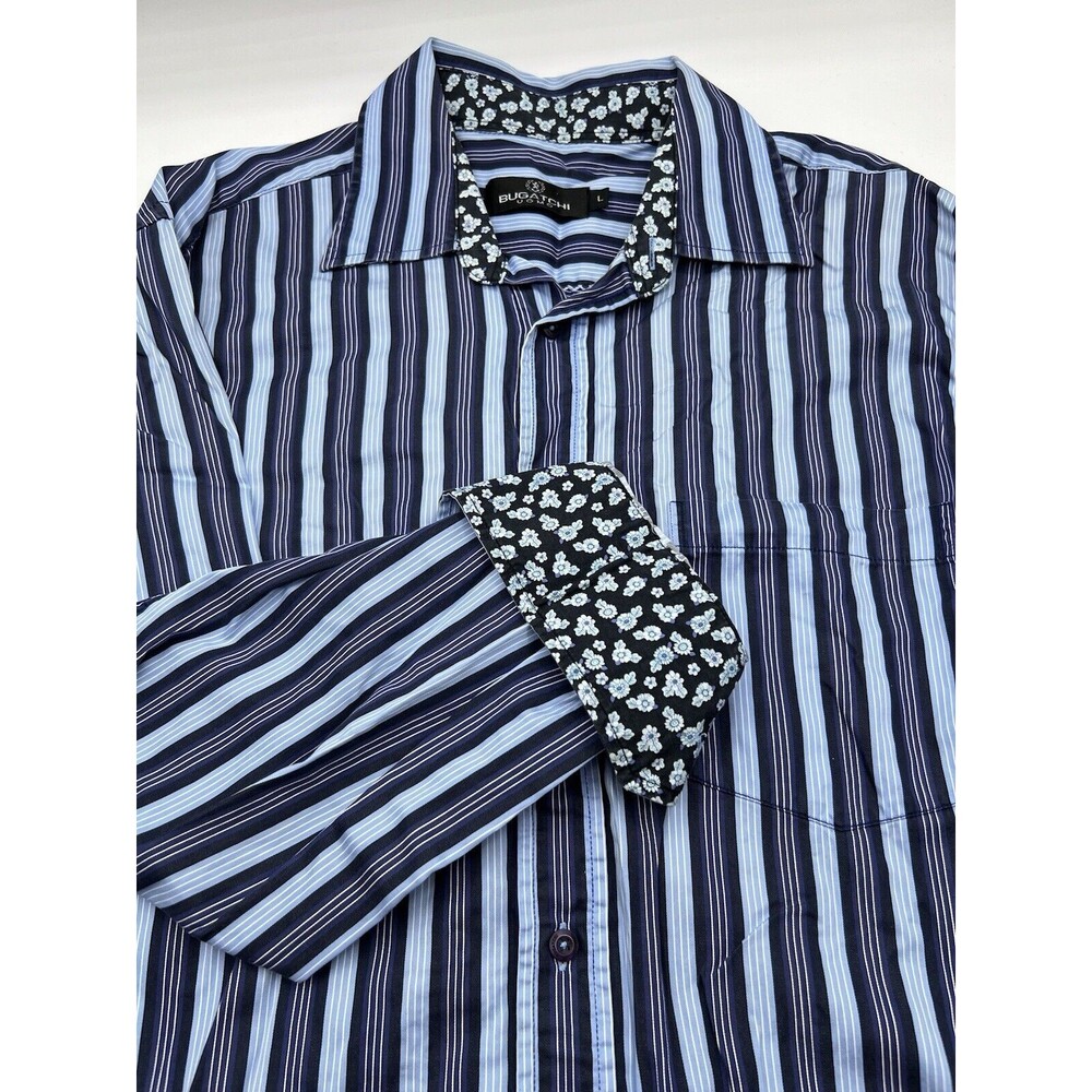 Bugatchi Uomo Dress Shirt Men Large Blue‎ Striped Business Flip Cuff Floral